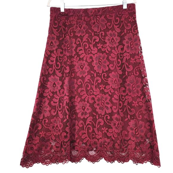 Olivia Blu Long Lace Skirt Large Maroon Floral Lined Stretch Fairy Party Holiday - Picture 4 of 8